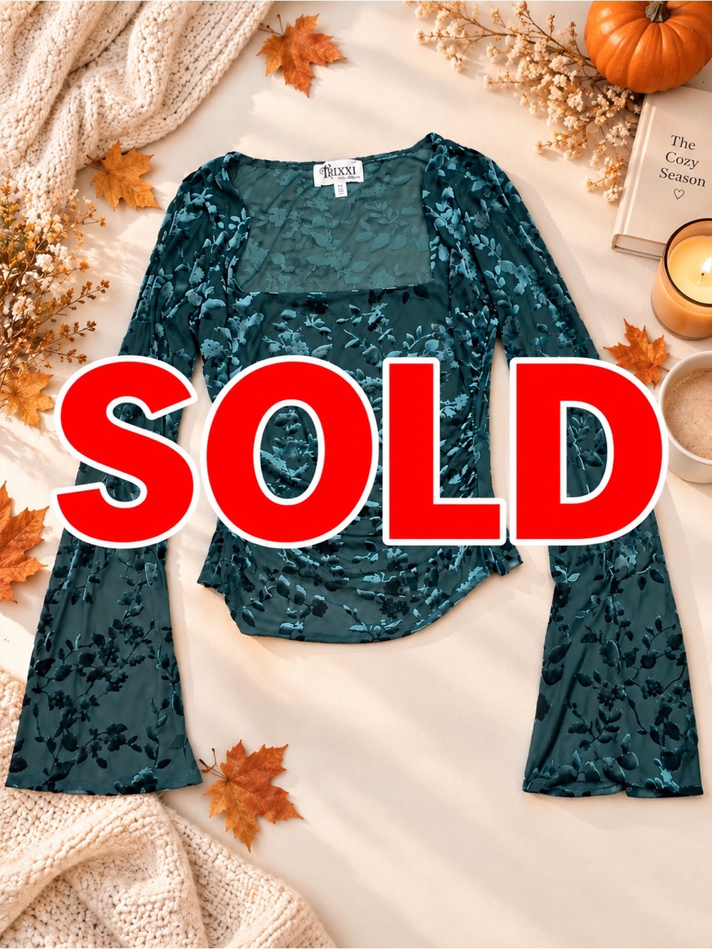 Trixxi Teal Floral Burnout Sheer Long-Sleeve Top